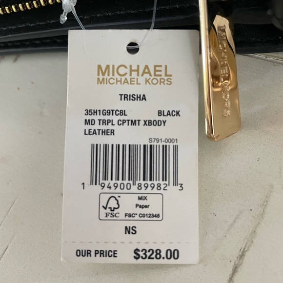 Nwt Michael Kors black gold leather Trisha medium crossbody 3 compartment zip - Picture 10 of 11